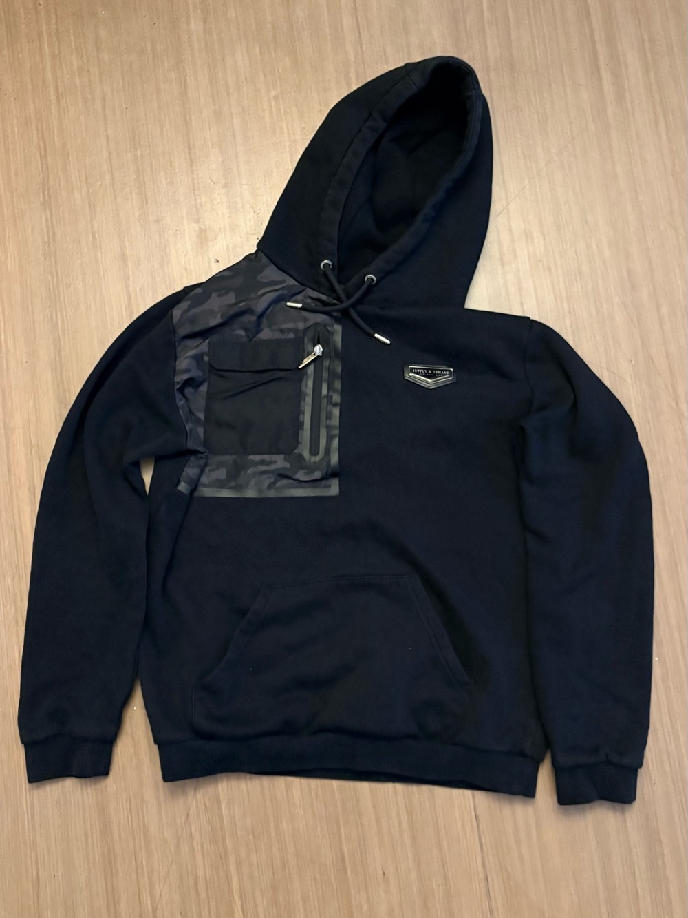Supply and Demand-Black Hoodie with Camo Chest Pocket